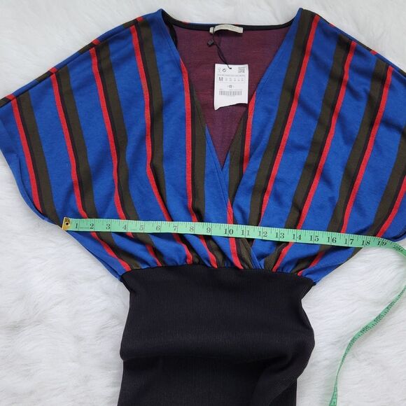 Zara Contrast Color‎ Dress Faux Wrap Striped Fitted Bottom Medium - Picture 7 of 8